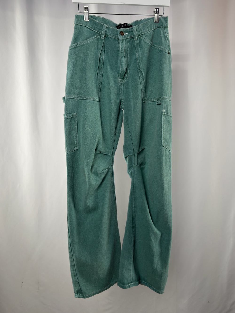 Lioness Cotton Wide Leg Denim Cargo Pants in Teal Size Small - Picture 2 of 8